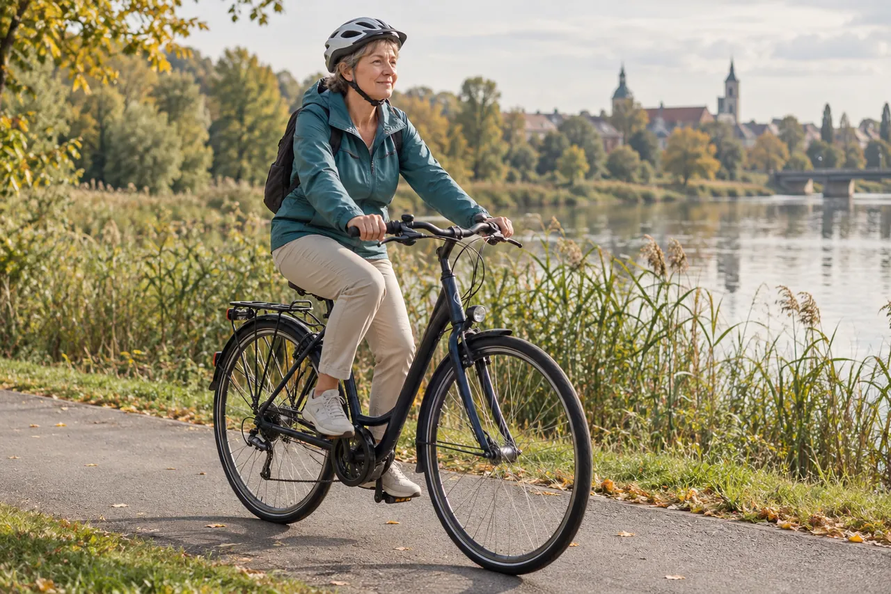 Kobieta w kasku jedzie rowerem po spokojnej ścieżce nad rzeką