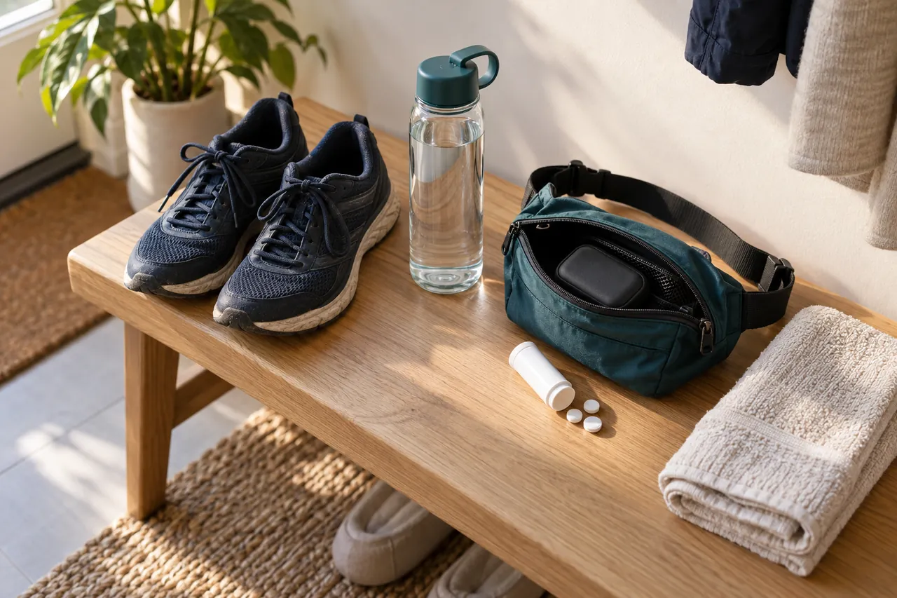 Buty sportowe, butelka wody, saszetka z etui i tabletki na drewnianej ławce