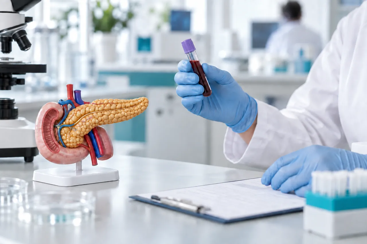Pracowniczka laboratorium ogląda pojedynczą próbkę krwi obok modelu anatomicznego trzustki