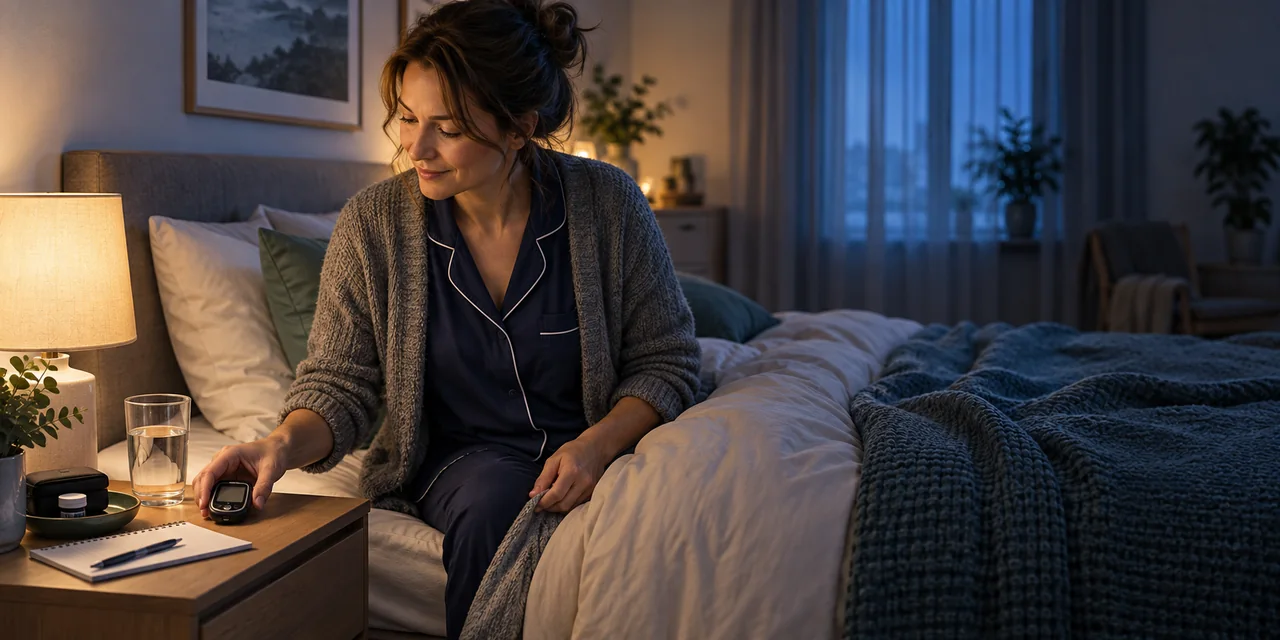 Kobieta przygotowuje przy łóżku sprzęt potrzebny podczas nocnego odpoczynku