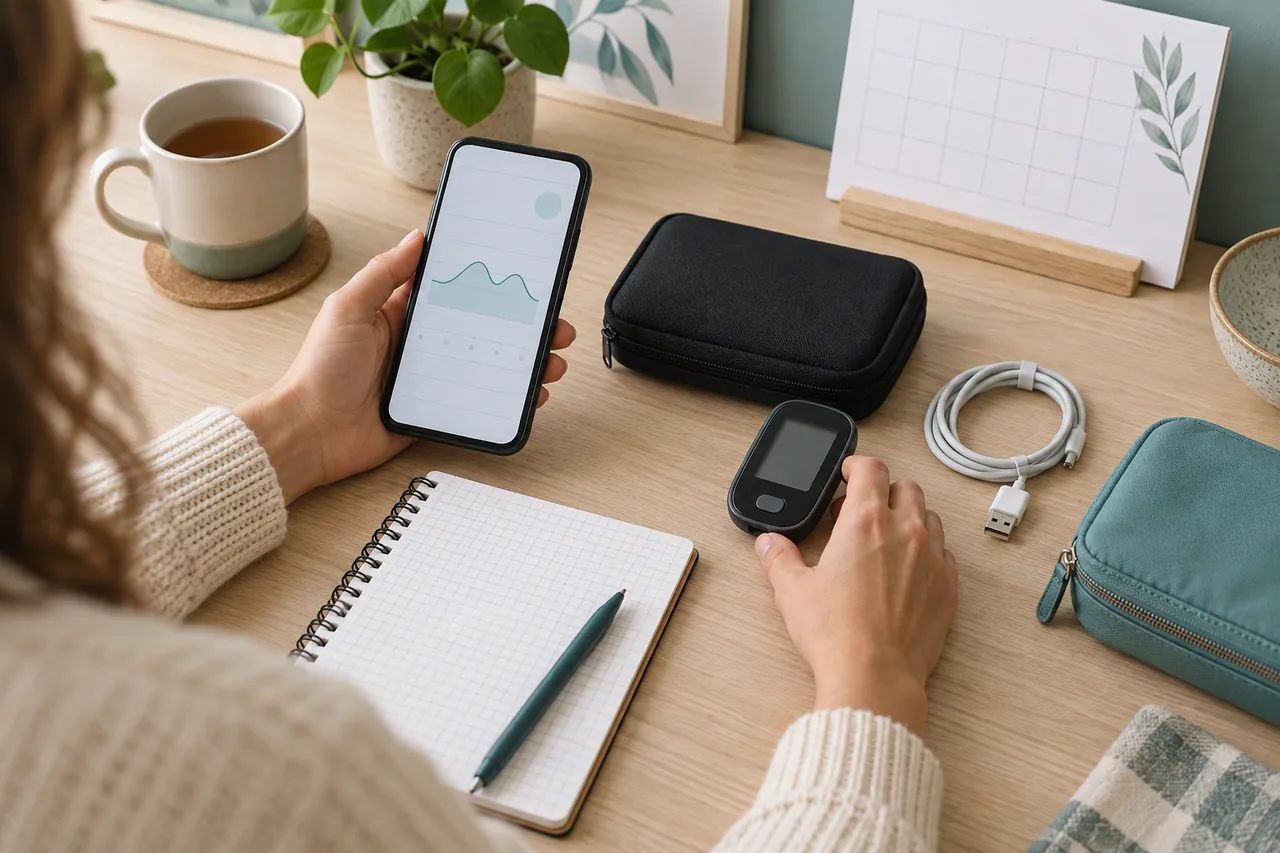 Kobieta przygotowuje telefon, glukometr, etui i notes do omówienia planu pomiarów