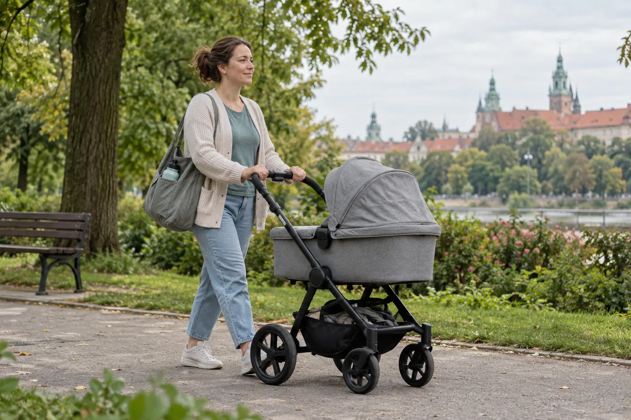 Mama spaceruje z wózkiem po parkowej alejce