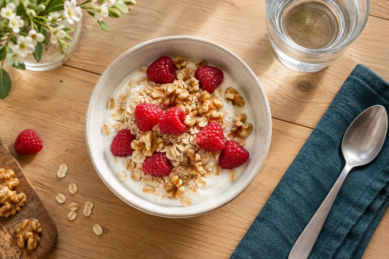Jogurt naturalny z płatkami owsianymi, malinami i orzechami włoskimi w ceramicznej misce