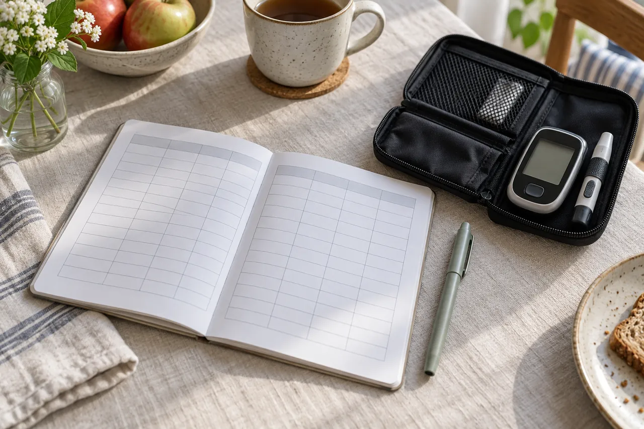 Otwarty notes z pustą tabelą, długopis i glukometr w etui na jasnym stole