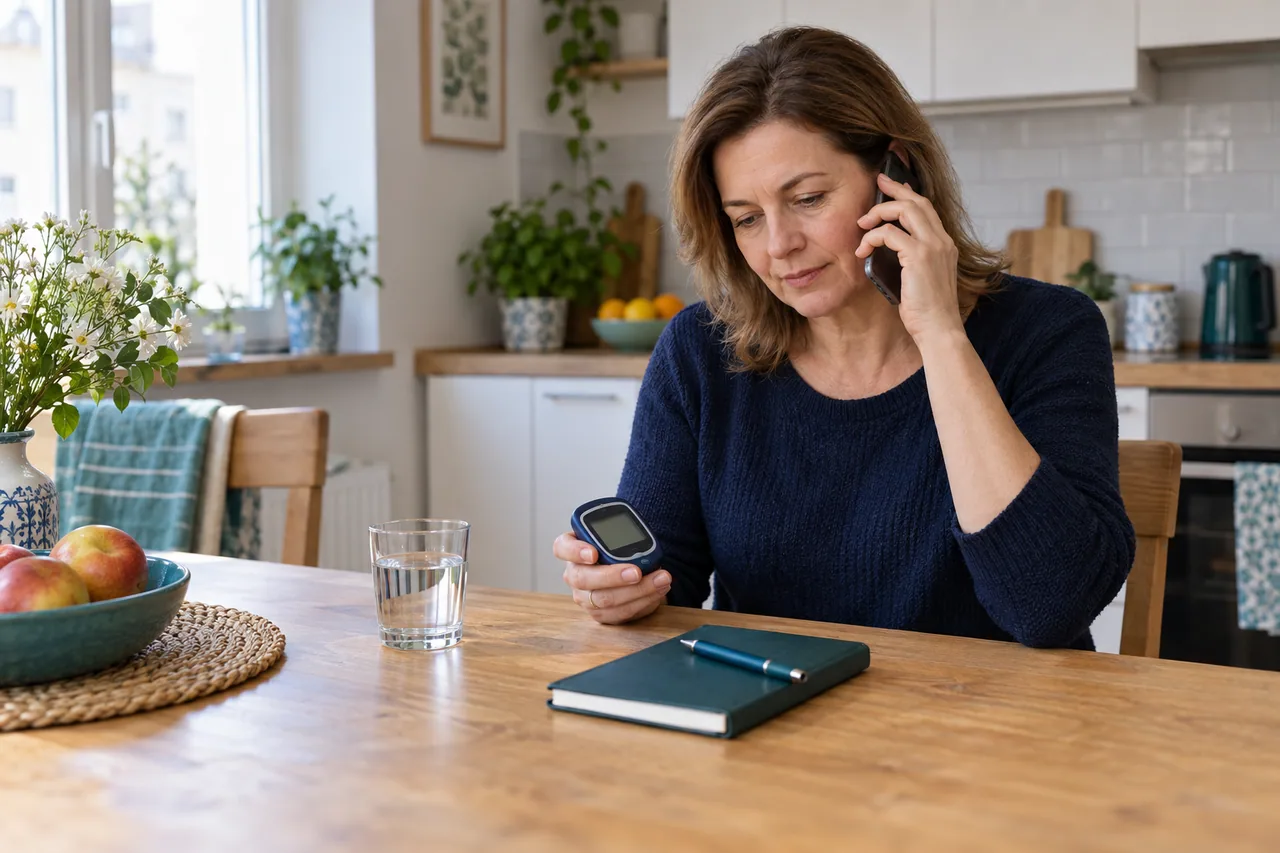 Kobieta rozmawia przez telefon przy kuchennym stole, trzymając glukometr obok notesu i szklanki wody