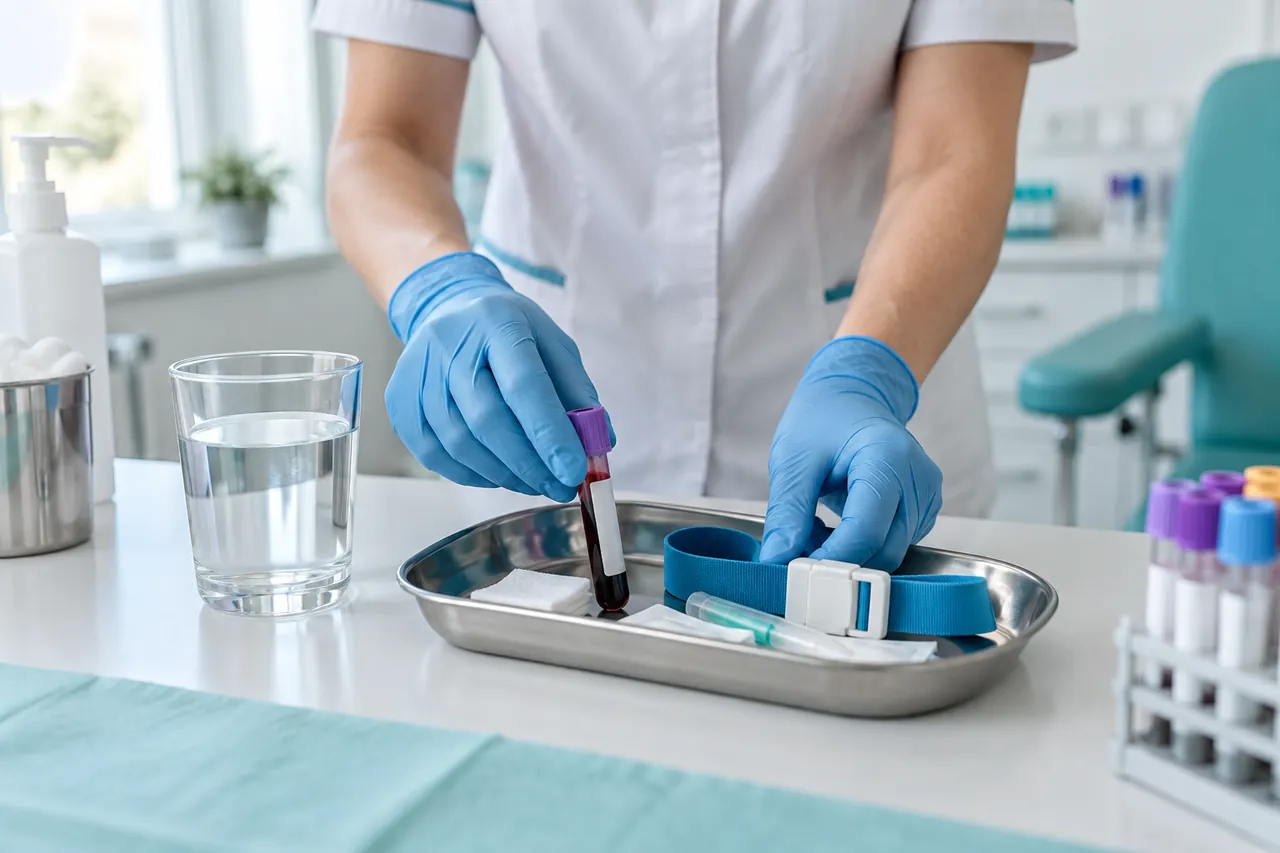 Pracowniczka laboratorium przygotowuje probówkę i zestaw do pobrania krwi obok szklanki wody