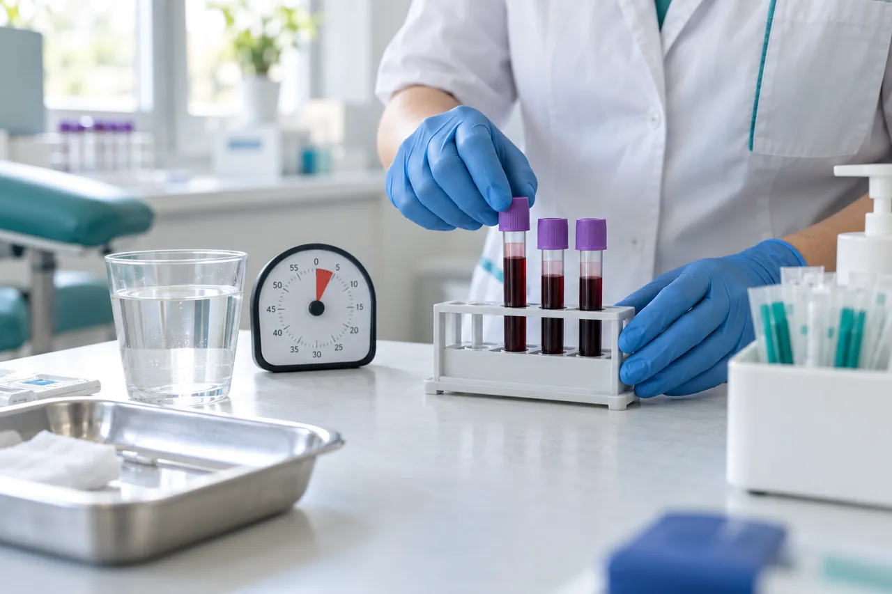 Pracowniczka laboratorium przygotowuje kilka probówek do pobrań wykonywanych w określonych odstępach czasu