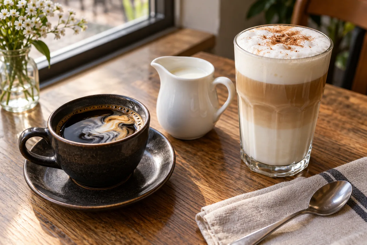 Mała kawa obok dzbanuszka mleka i wysokiej szklanki latte