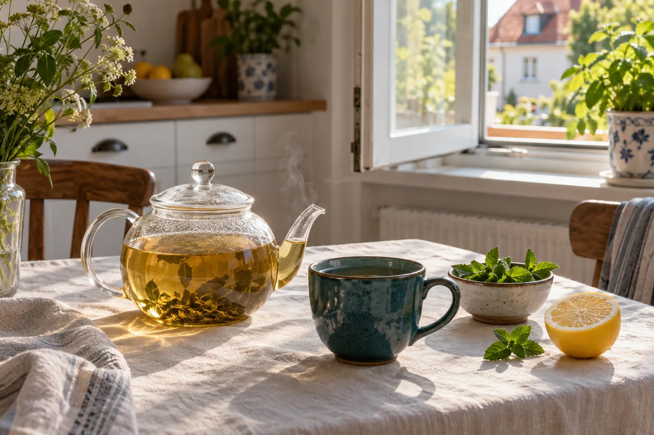 Dzbanek z herbatą i turkusowy kubek przy jasnym kuchennym oknie