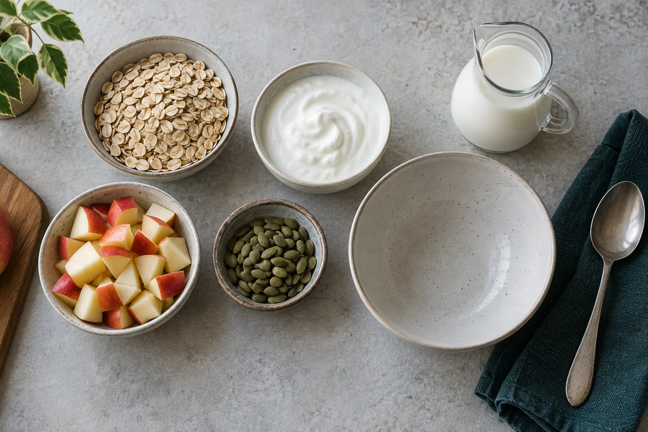 Oddzielne miseczki z suchymi płatkami, jogurtem, jabłkiem i pestkami oraz dzbanek mleka