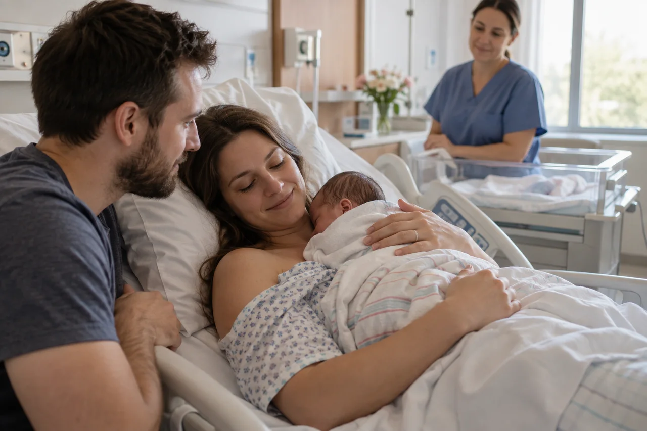 Mama trzyma noworodka w kontakcie skóra do skóry po porodzie