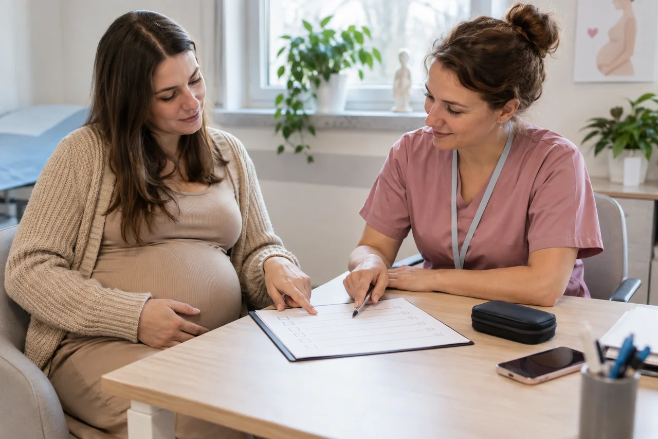 Kobieta w ciąży omawia plan porodu z położną