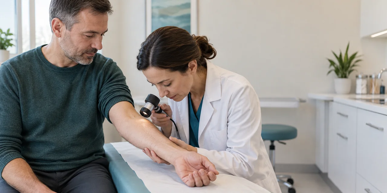 Dermatolożka ogląda skórę przedramienia pacjenta za pomocą dermatoskopu