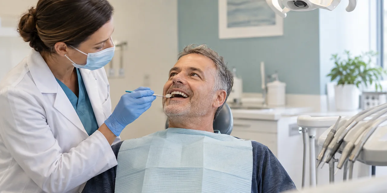 Dentystka ogląda zęby pacjenta za pomocą lusterka stomatologicznego
