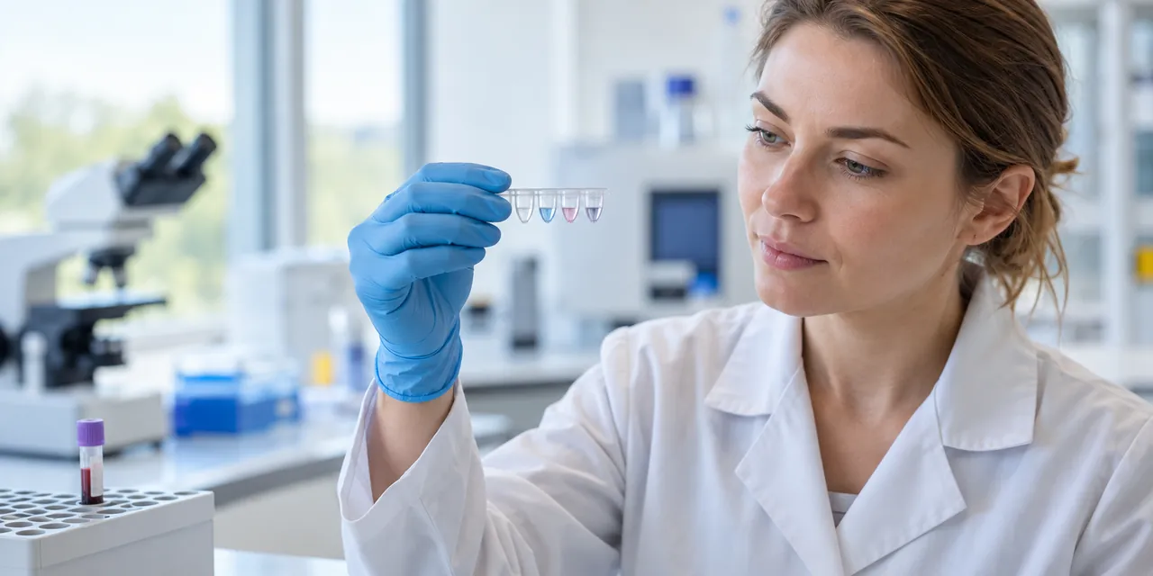 Pracowniczka laboratorium ogląda pasek z czterema próbkami do analizy immunologicznej