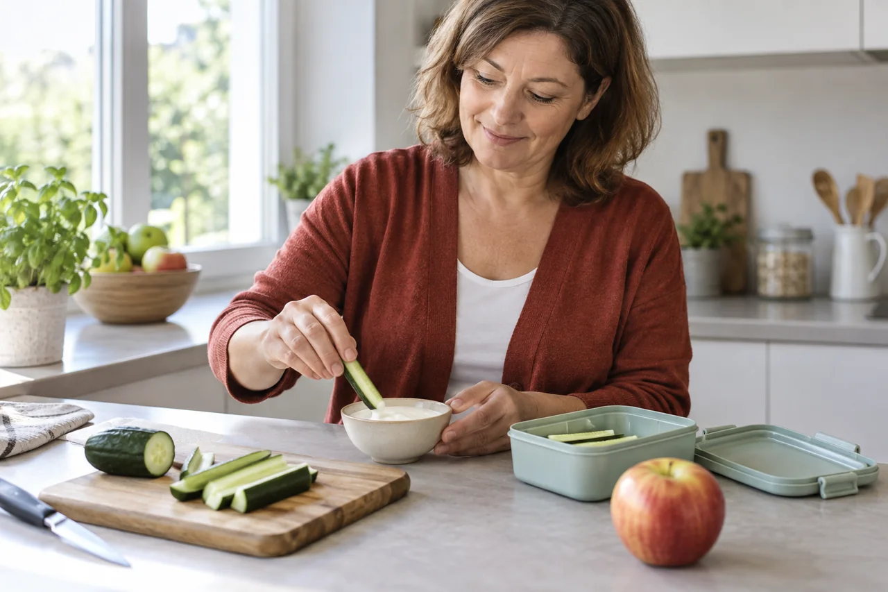 Kobieta przygotowująca ogórek i jogurt obok pojemnika na jedzenie oraz jabłka