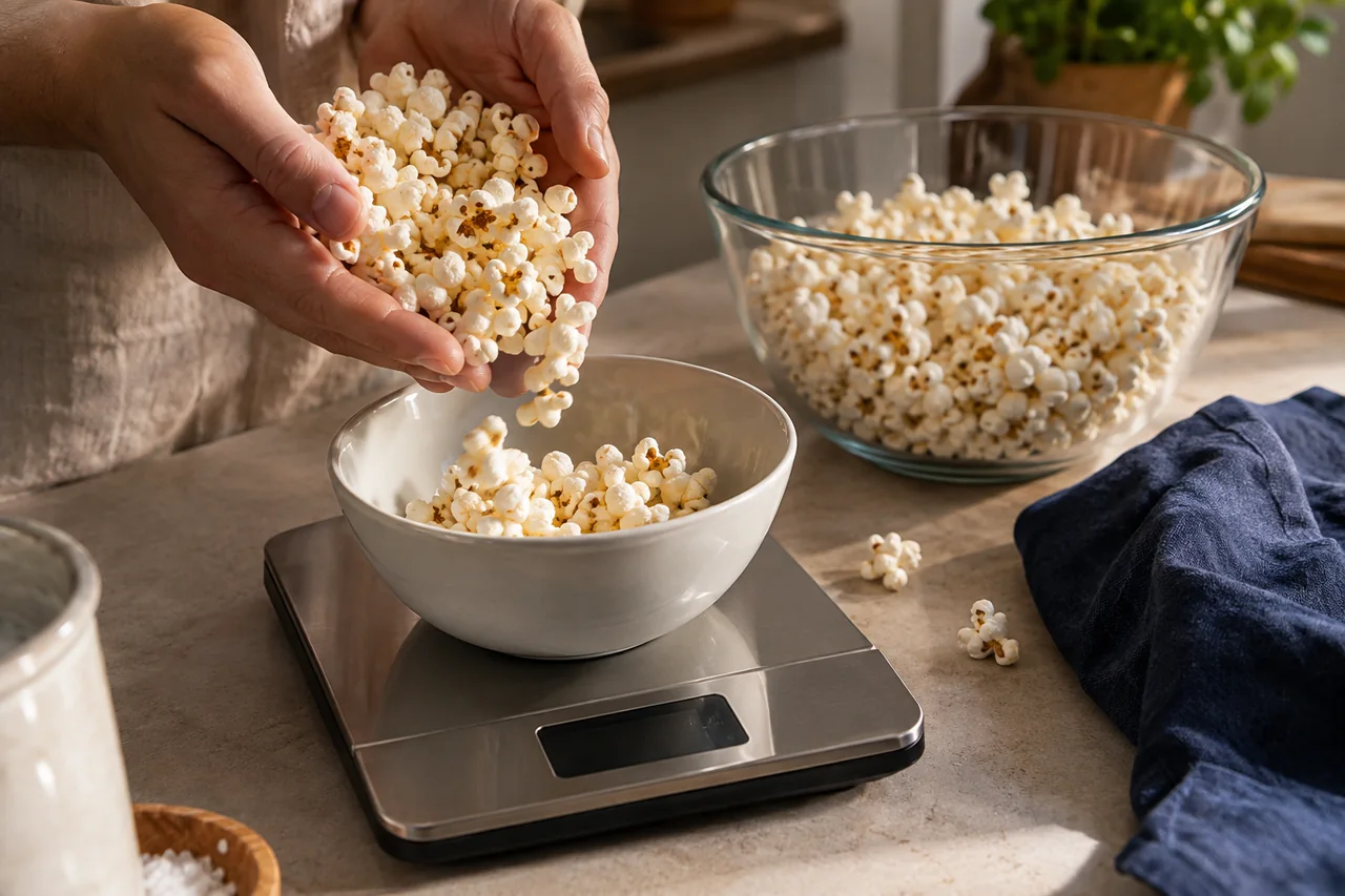 Dłonie przekładające popcorn do małej miseczki ustawionej na wadze kuchennej