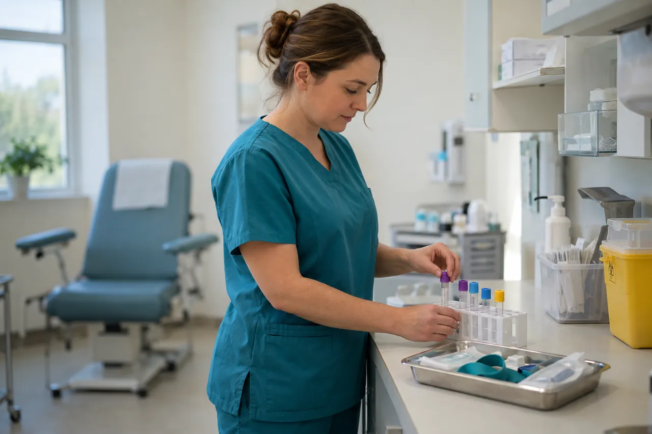 Pracowniczka laboratorium przygotowuje probówki przy stanowisku do pobierania krwi
