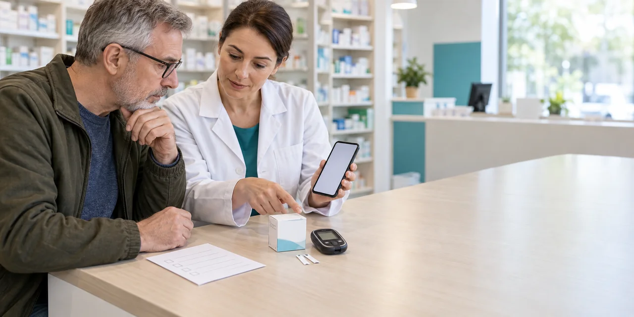 Farmaceutka pomaga pacjentowi sprawdzić receptę i paski zgodne z glukometrem