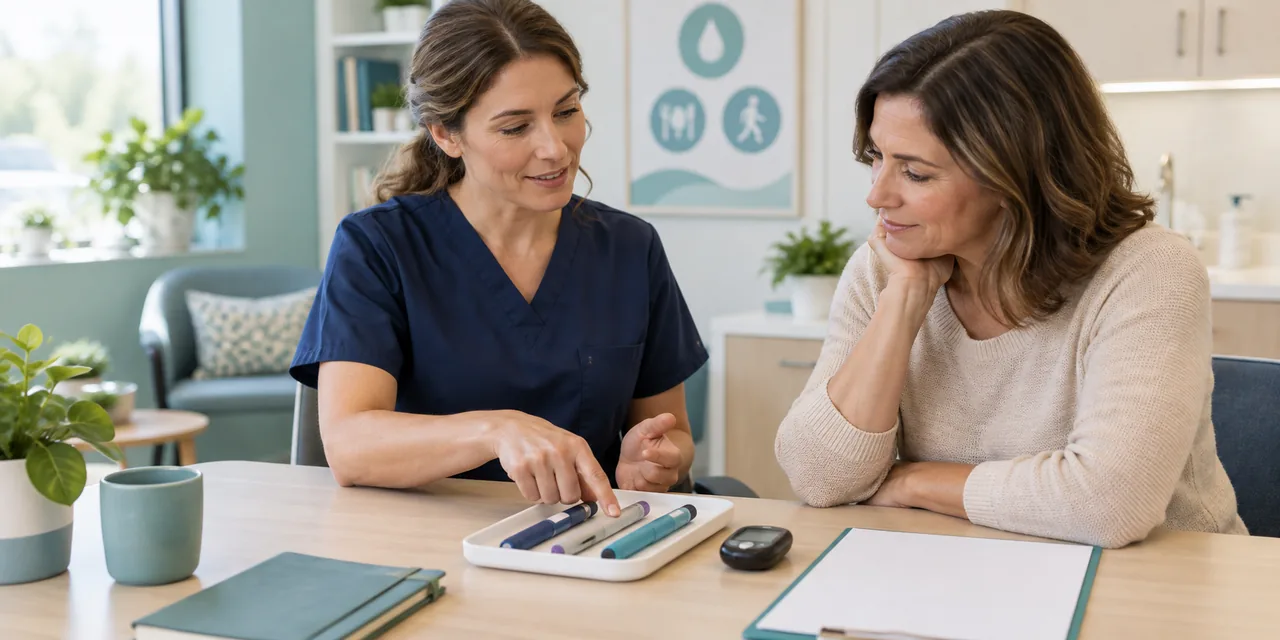 Edukatorka diabetologiczna pomaga pacjentce rozróżnić rodzaje penów insulinowych