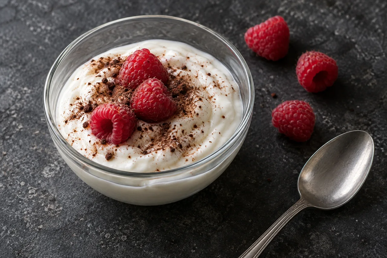 Jogurt naturalny z malinami i kakao w szklanej miseczce